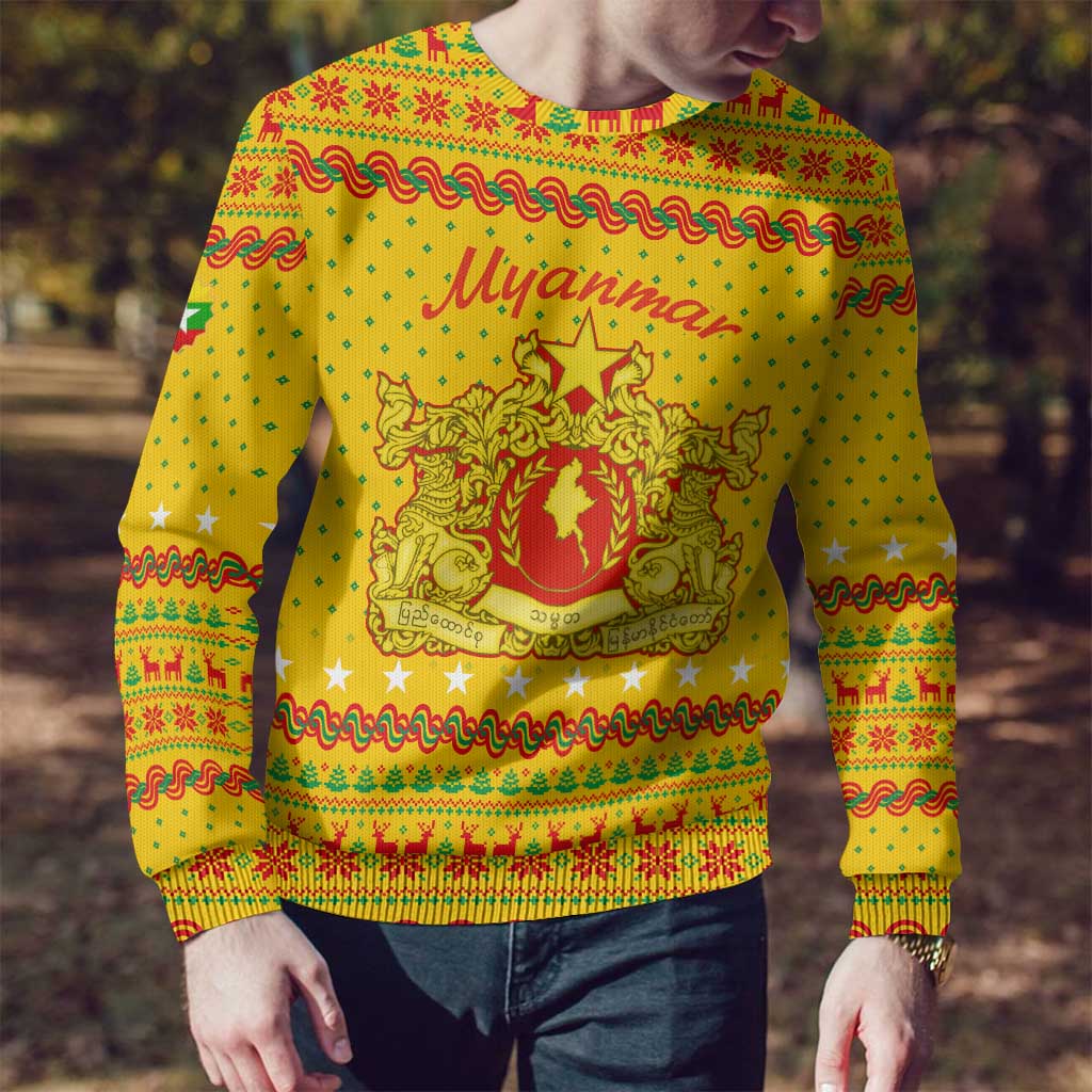 Myanmar Christmas Ugly Christmas Sweater with Yellow-Red-Green Theme, National Emblem, and Star Motif - Wonder Print Shop