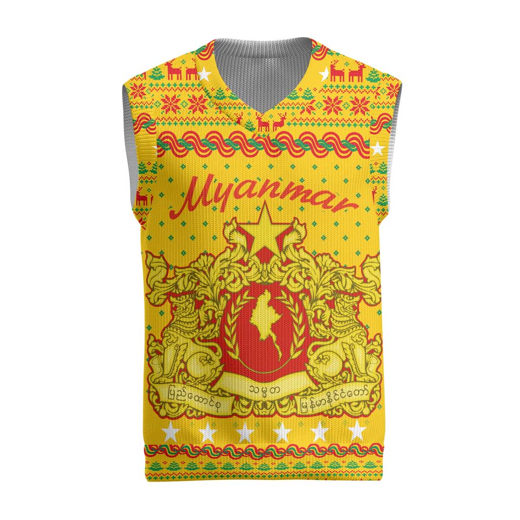 Myanmar Christmas Knitted V-Neck Vest with Yellow-Red-Green Theme, National Emblem, and Star Motif - Wonder Print Shop