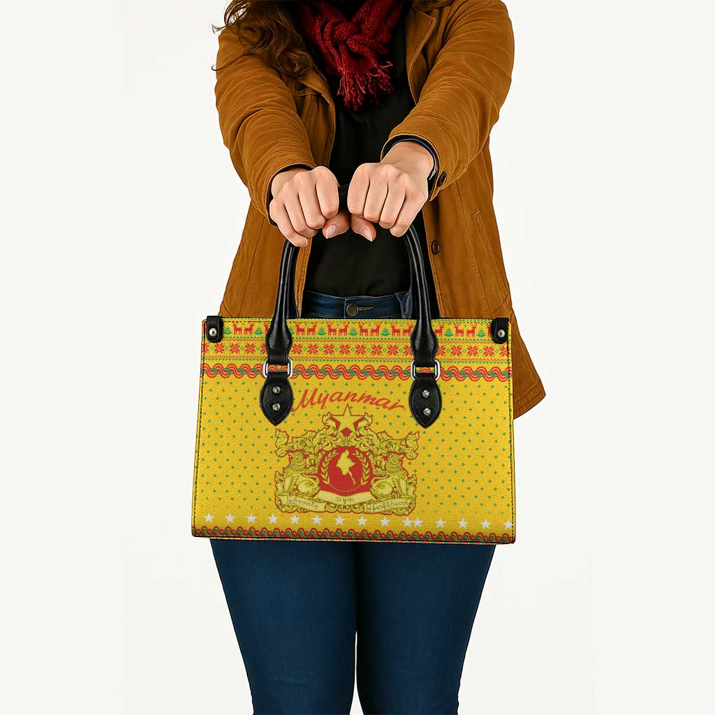 Myanmar Christmas Leather Bag with Yellow-Red-Green Theme, National Emblem, and Star Motif - Wonder Print Shop