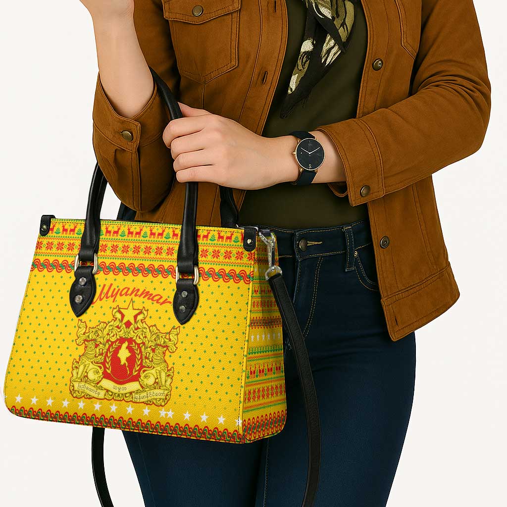 Myanmar Christmas Leather Bag with Yellow-Red-Green Theme, National Emblem, and Star Motif - Wonder Print Shop