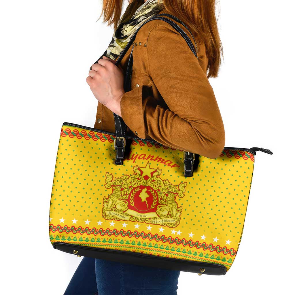 Myanmar Christmas Leather Tote Bag with Yellow-Red-Green Theme, National Emblem, and Star Motif - Wonder Print Shop