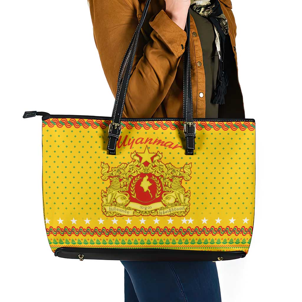Myanmar Christmas Leather Tote Bag with Yellow-Red-Green Theme, National Emblem, and Star Motif - Wonder Print Shop