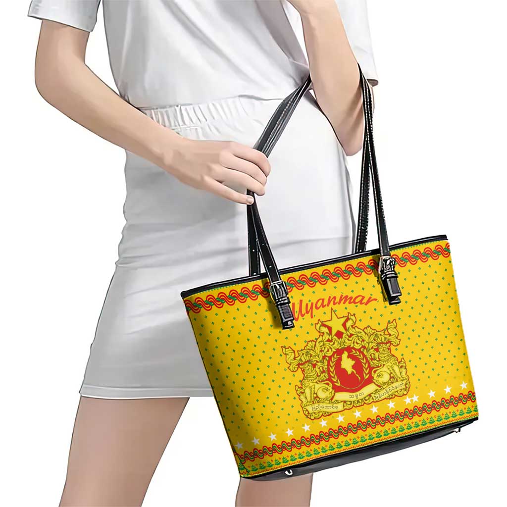 Myanmar Christmas Leather Tote Bag with Yellow-Red-Green Theme, National Emblem, and Star Motif - Wonder Print Shop