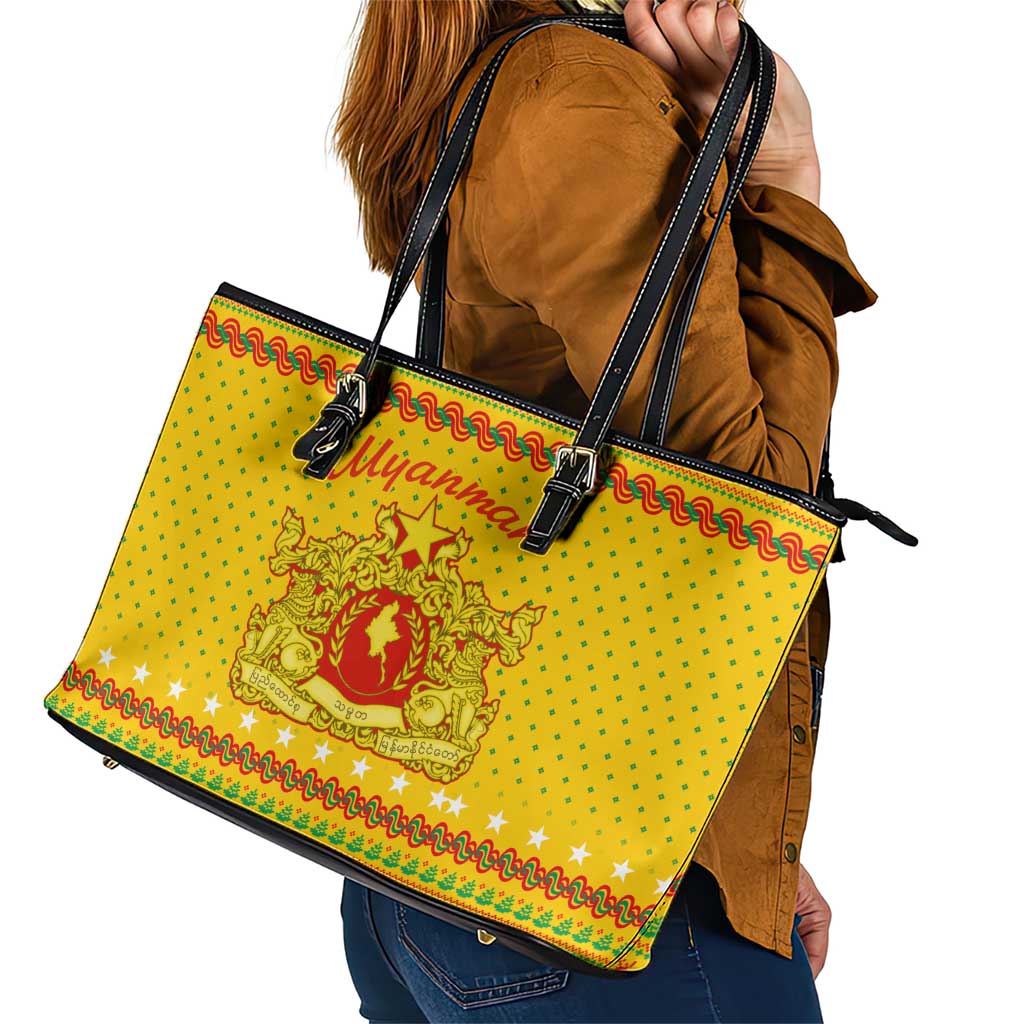 Myanmar Christmas Leather Tote Bag with Yellow-Red-Green Theme, National Emblem, and Star Motif - Wonder Print Shop