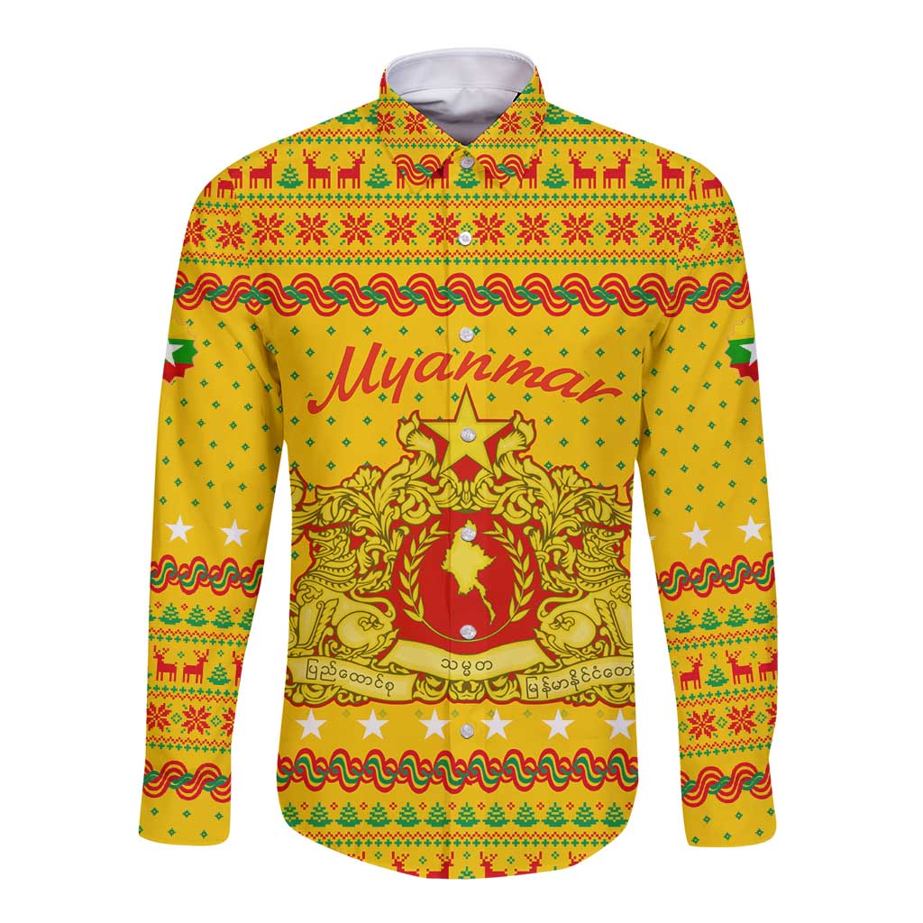 Myanmar Christmas Long Sleeve Button Shirt with Yellow-Red-Green Theme, National Emblem, and Star Motif - Wonder Print Shop