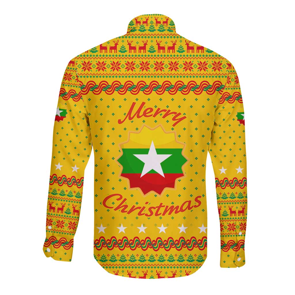 Myanmar Christmas Long Sleeve Button Shirt with Yellow-Red-Green Theme, National Emblem, and Star Motif - Wonder Print Shop