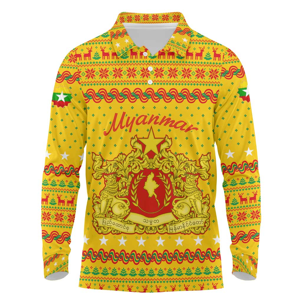 Myanmar Christmas Long Sleeve Polo Shirt with Yellow-Red-Green Theme, National Emblem, and Star Motif - Wonder Print Shop