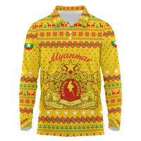 Myanmar Christmas Long Sleeve Polo Shirt with Yellow-Red-Green Theme, National Emblem, and Star Motif - Wonder Print Shop