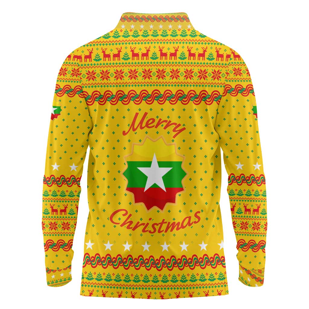 Myanmar Christmas Long Sleeve Polo Shirt with Yellow-Red-Green Theme, National Emblem, and Star Motif - Wonder Print Shop