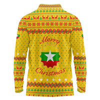 Myanmar Christmas Long Sleeve Polo Shirt with Yellow-Red-Green Theme, National Emblem, and Star Motif - Wonder Print Shop