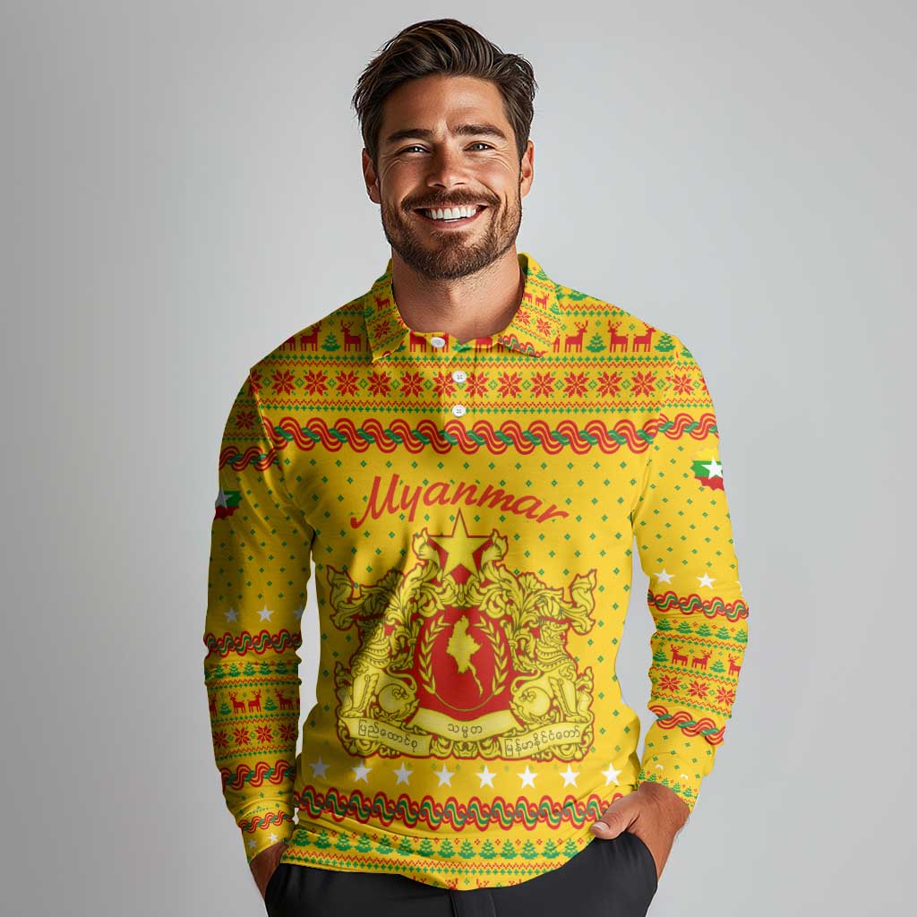 Myanmar Christmas Long Sleeve Polo Shirt with Yellow-Red-Green Theme, National Emblem, and Star Motif - Wonder Print Shop
