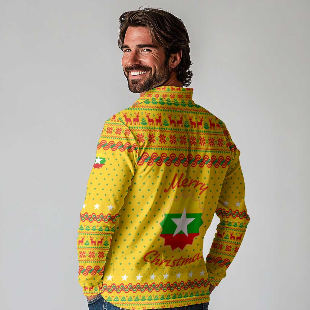 Myanmar Christmas Long Sleeve Polo Shirt with Yellow-Red-Green Theme, National Emblem, and Star Motif - Wonder Print Shop
