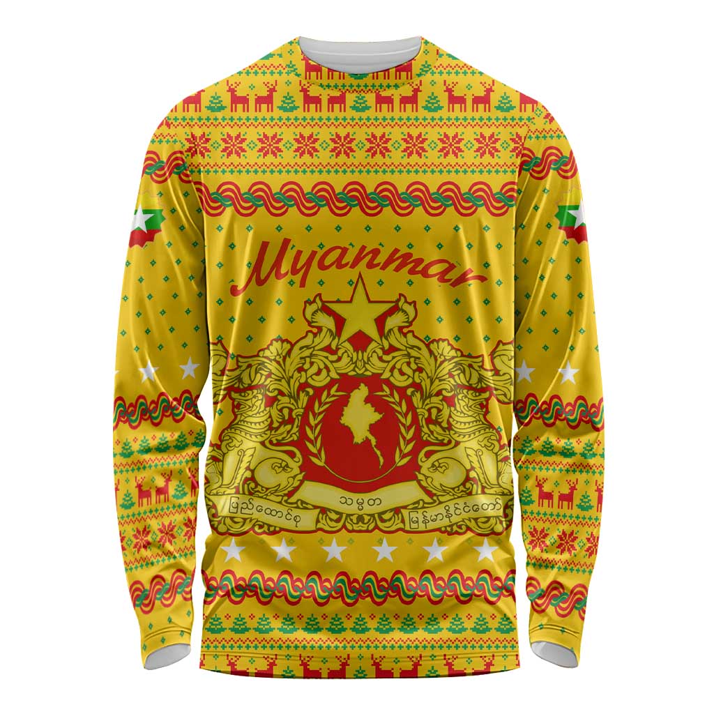 Myanmar Christmas Long Sleeve Shirt with Yellow-Red-Green Theme, National Emblem, and Star Motif - Wonder Print Shop