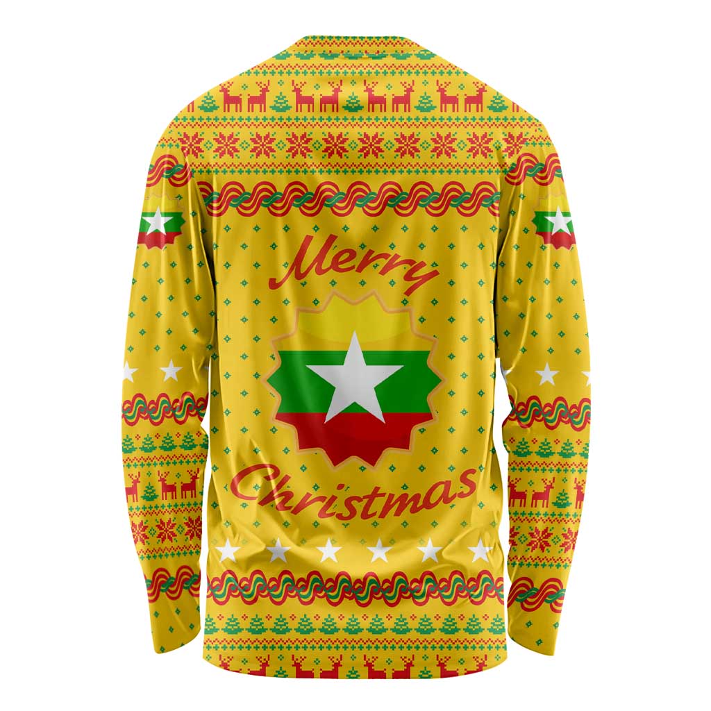 Myanmar Christmas Long Sleeve Shirt with Yellow-Red-Green Theme, National Emblem, and Star Motif - Wonder Print Shop