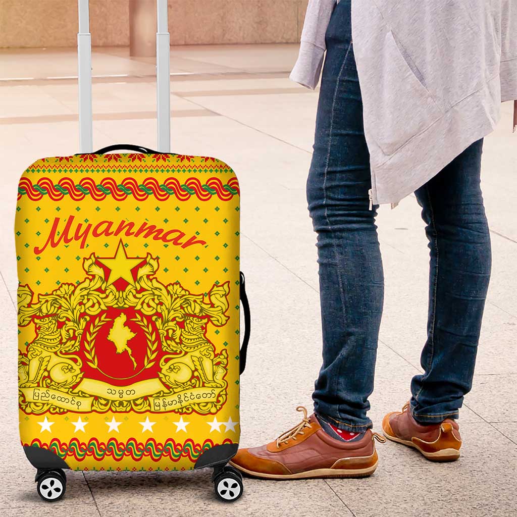 Myanmar Christmas Luggage Cover with Yellow-Red-Green Theme, National Emblem, and Star Motif - Wonder Print Shop