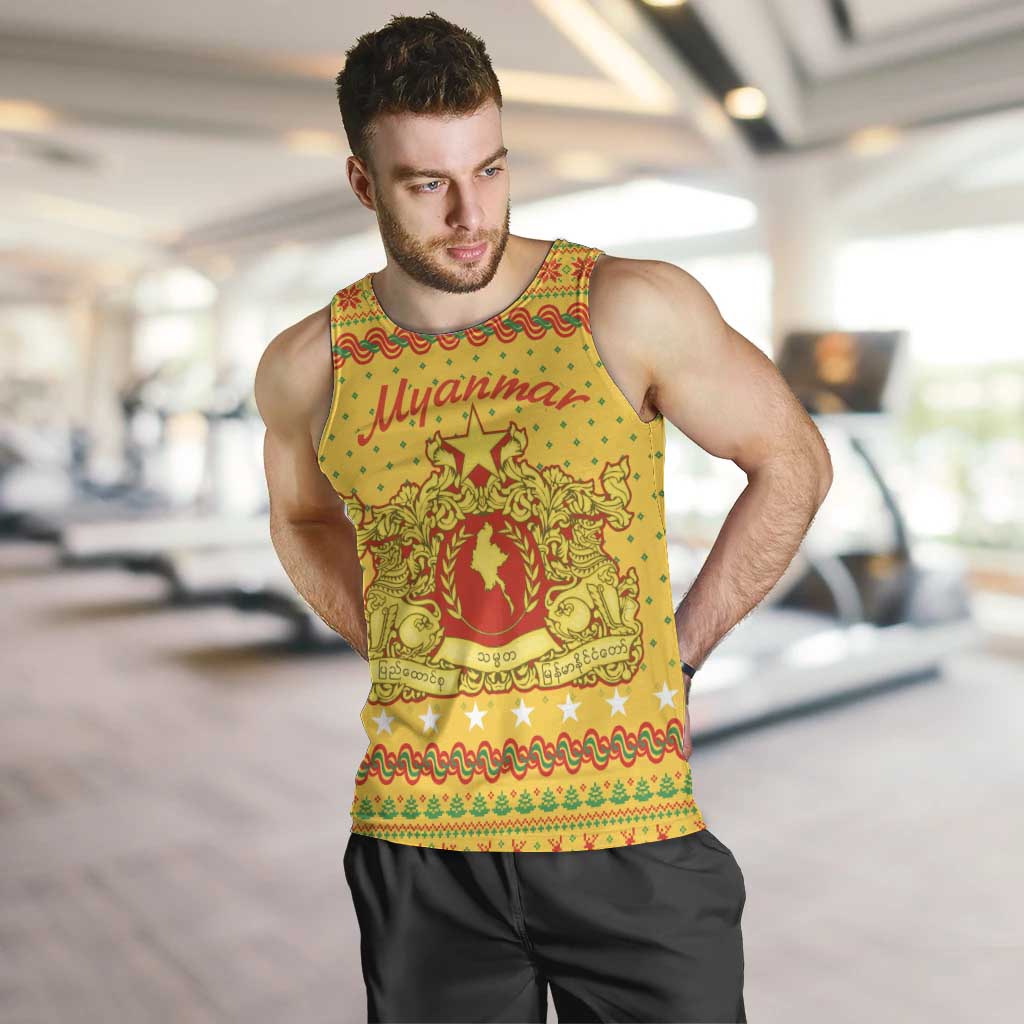 Myanmar Christmas Men Tank Top with Yellow-Red-Green Theme, National Emblem, and Star Motif - Wonder Print Shop