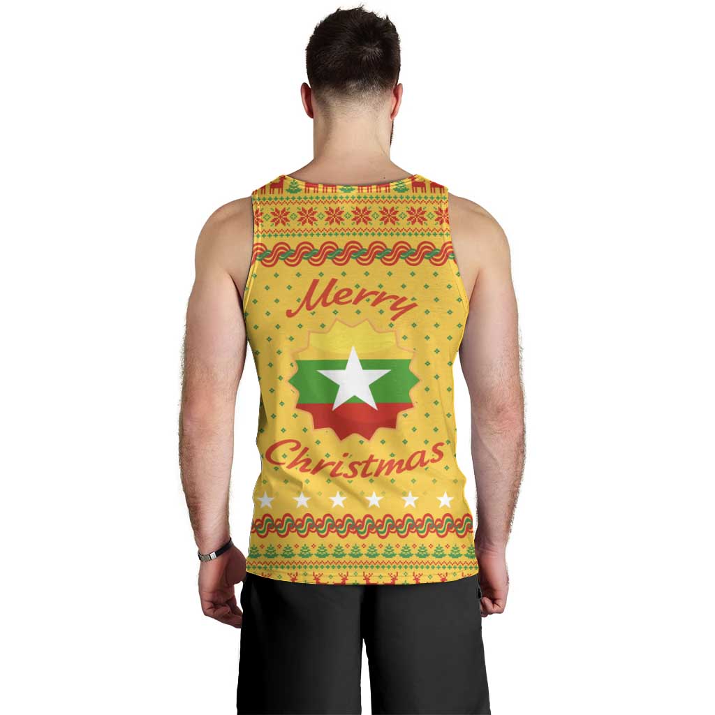Myanmar Christmas Men Tank Top with Yellow-Red-Green Theme, National Emblem, and Star Motif - Wonder Print Shop