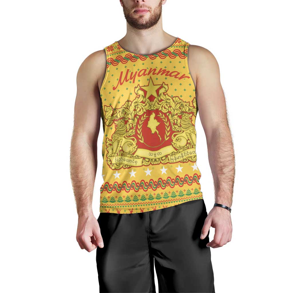Myanmar Christmas Men Tank Top with Yellow-Red-Green Theme, National Emblem, and Star Motif - Wonder Print Shop