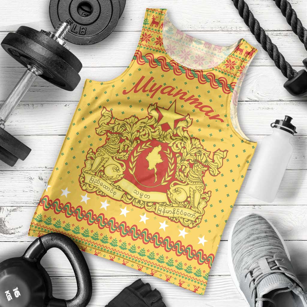 Myanmar Christmas Men Tank Top with Yellow-Red-Green Theme, National Emblem, and Star Motif - Wonder Print Shop