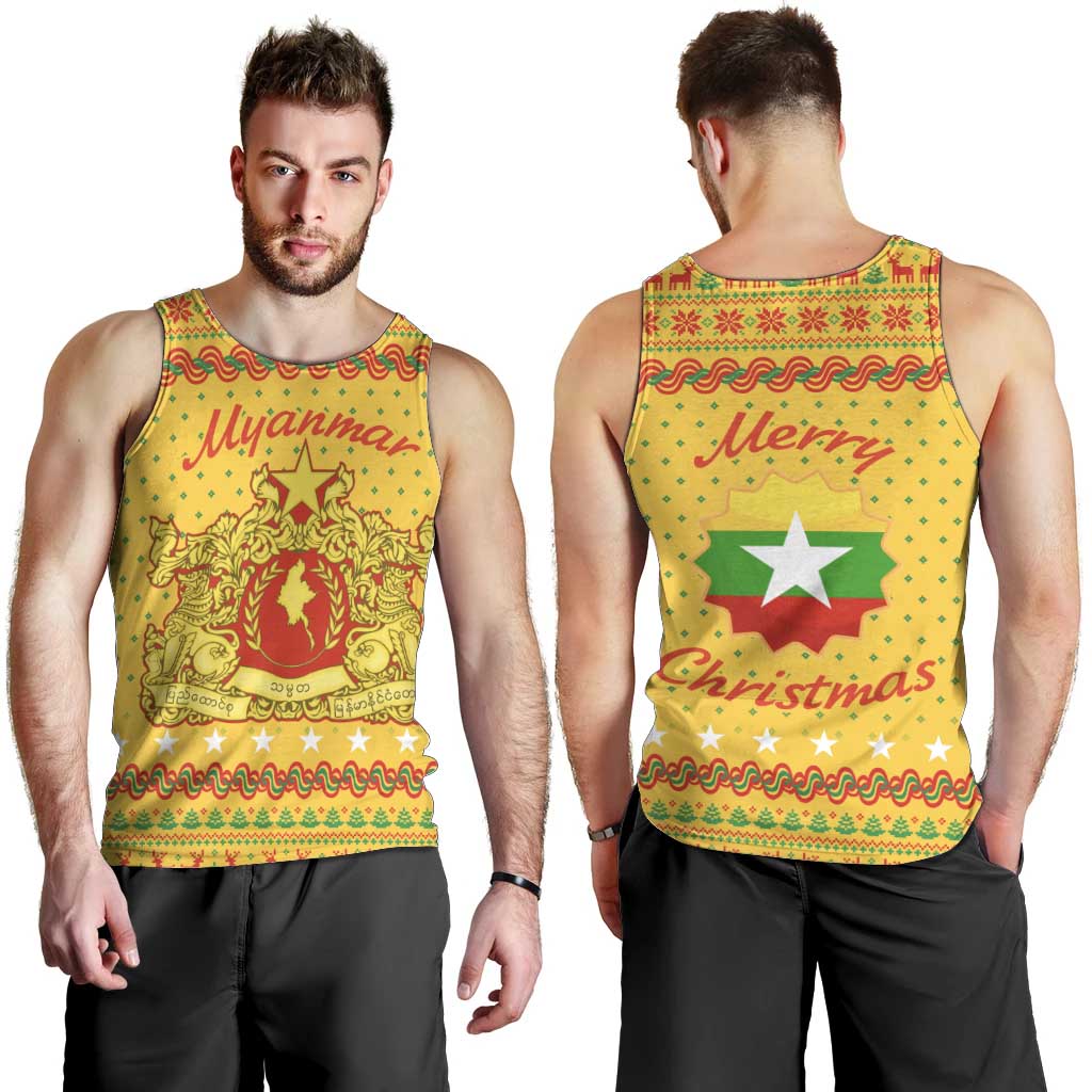Myanmar Christmas Men Tank Top with Yellow-Red-Green Theme, National Emblem, and Star Motif - Wonder Print Shop