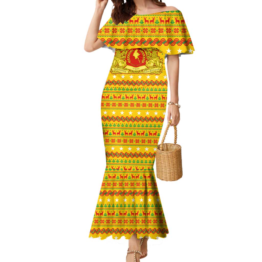 Myanmar Christmas Mermaid Dress with Yellow-Red-Green Theme, National Emblem, and Star Motif - Wonder Print Shop