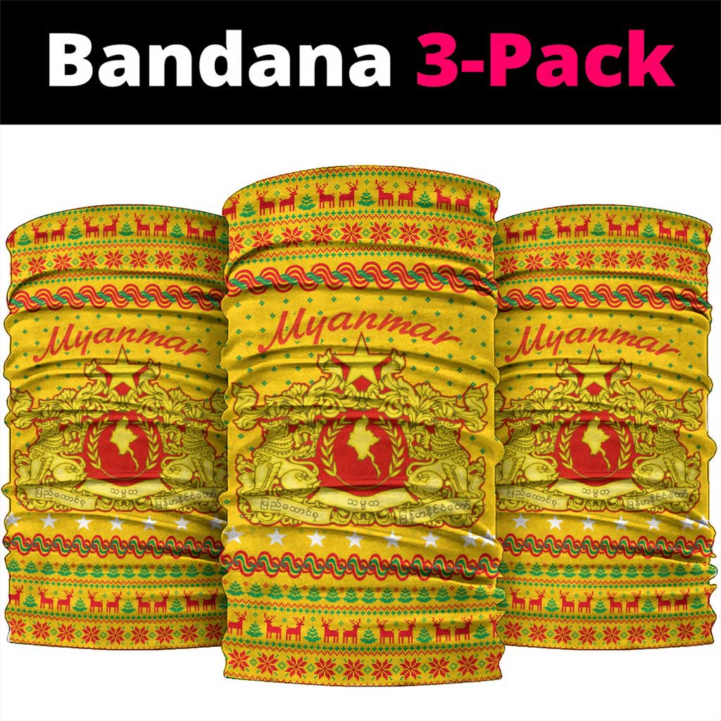 Myanmar Christmas Neck Gaiter with Yellow-Red-Green Theme, National Emblem, and Star Motif - Wonder Print Shop