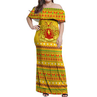 Myanmar Christmas Off Shoulder Maxi Dress with Yellow-Red-Green Theme, National Emblem, and Star Motif - Wonder Print Shop