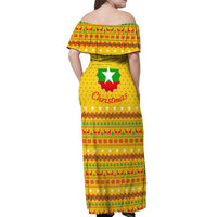 Myanmar Christmas Off Shoulder Maxi Dress with Yellow-Red-Green Theme, National Emblem, and Star Motif - Wonder Print Shop