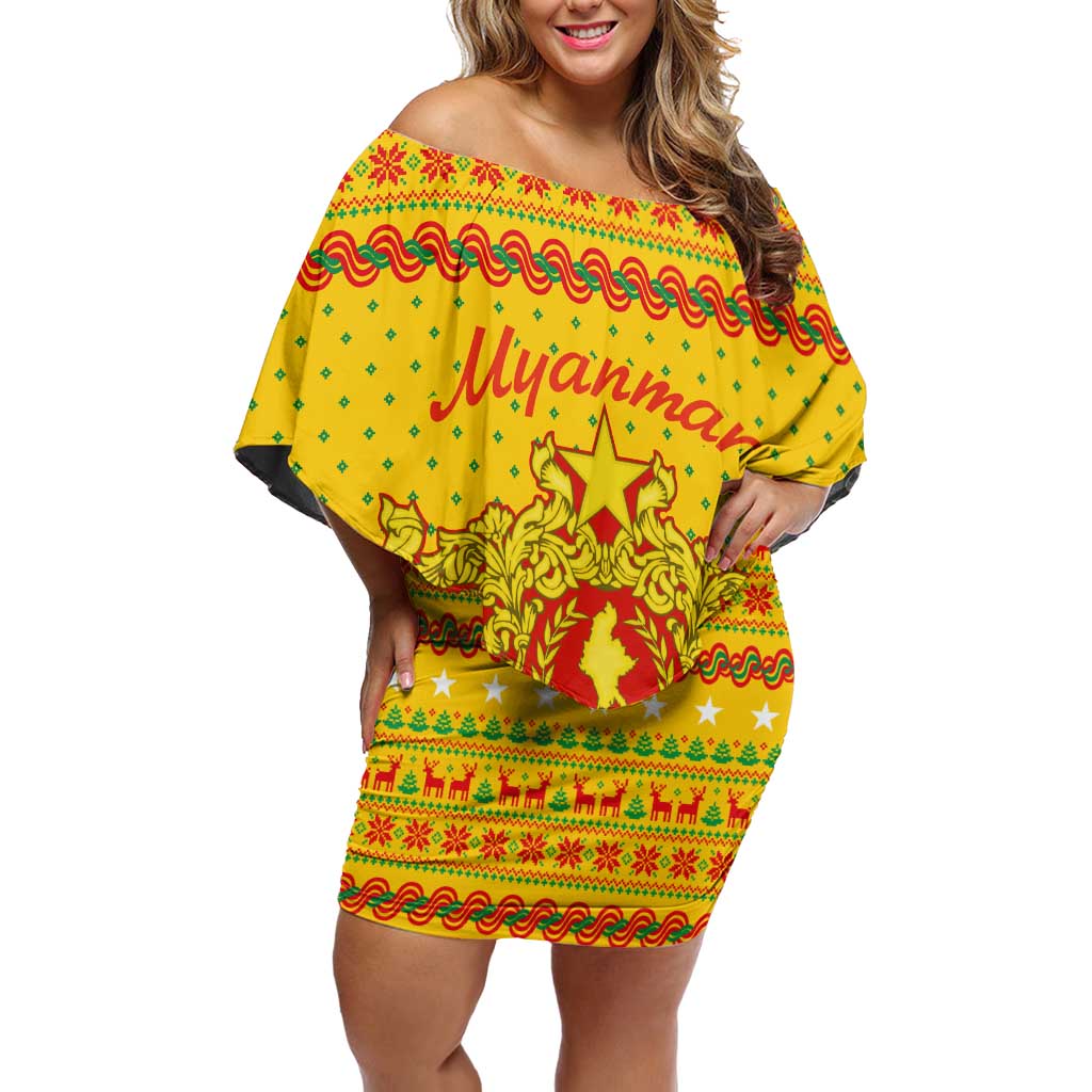 Myanmar Christmas Off Shoulder Short Dress with Yellow-Red-Green Theme, National Emblem, and Star Motif - Wonder Print Shop