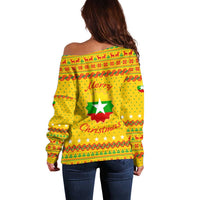 Myanmar Christmas Off Shoulder Sweater with Yellow-Red-Green Theme, National Emblem, and Star Motif - Wonder Print Shop