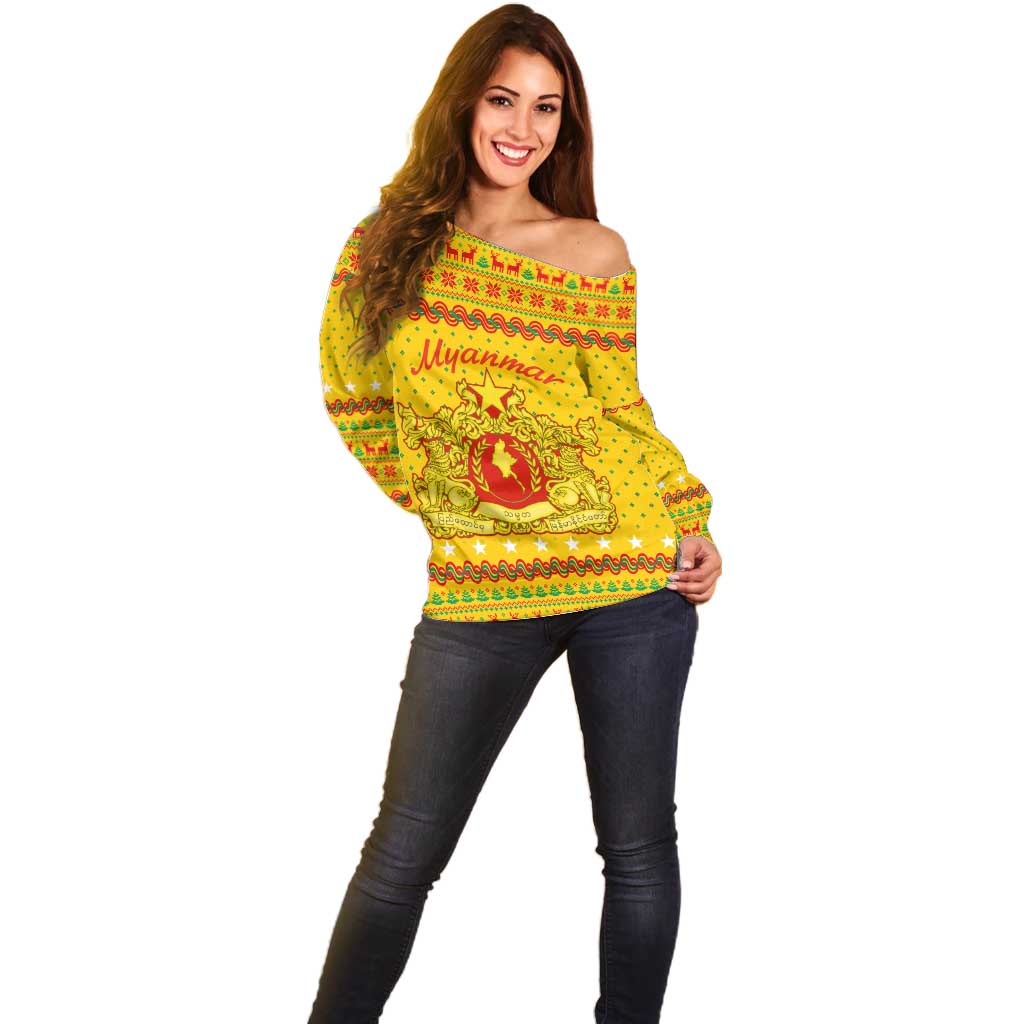 Myanmar Christmas Off Shoulder Sweater with Yellow-Red-Green Theme, National Emblem, and Star Motif - Wonder Print Shop