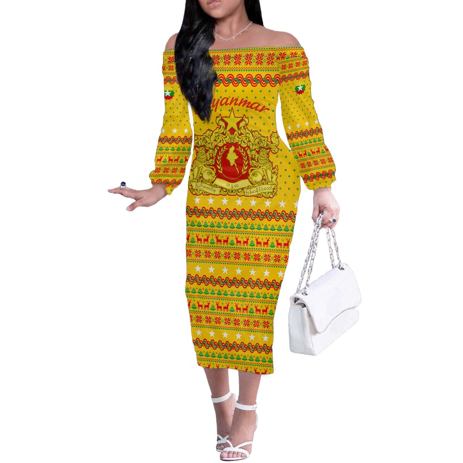 Myanmar Christmas Off The Shoulder Long Sleeve Dress with Yellow-Red-Green Theme, National Emblem, and Star Motif - Wonder Print Shop