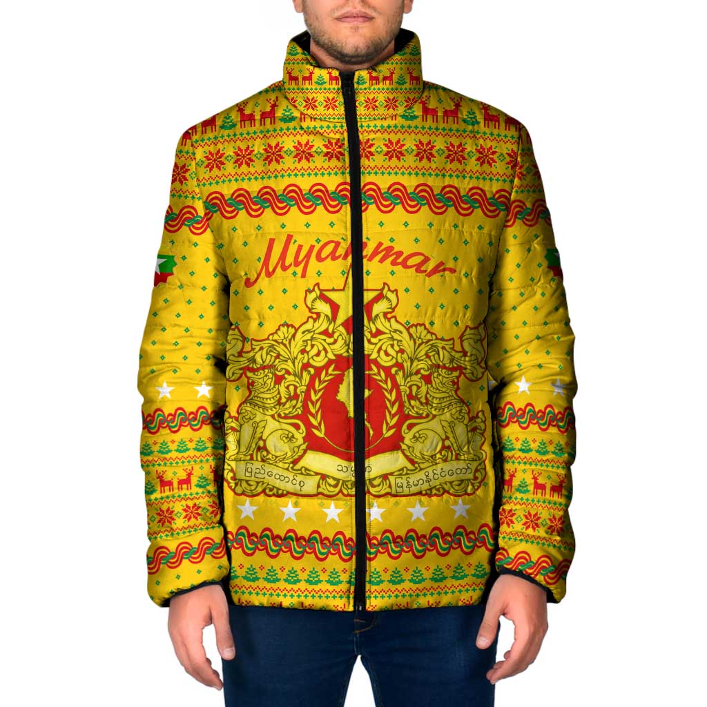 Myanmar Christmas Padded Jacket with Yellow-Red-Green Theme, National Emblem, and Star Motif - Wonder Print Shop