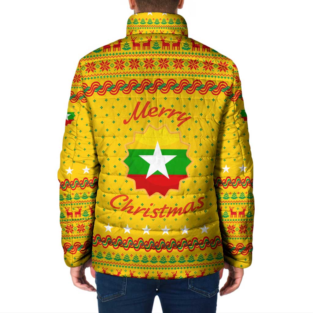 Myanmar Christmas Padded Jacket with Yellow-Red-Green Theme, National Emblem, and Star Motif - Wonder Print Shop