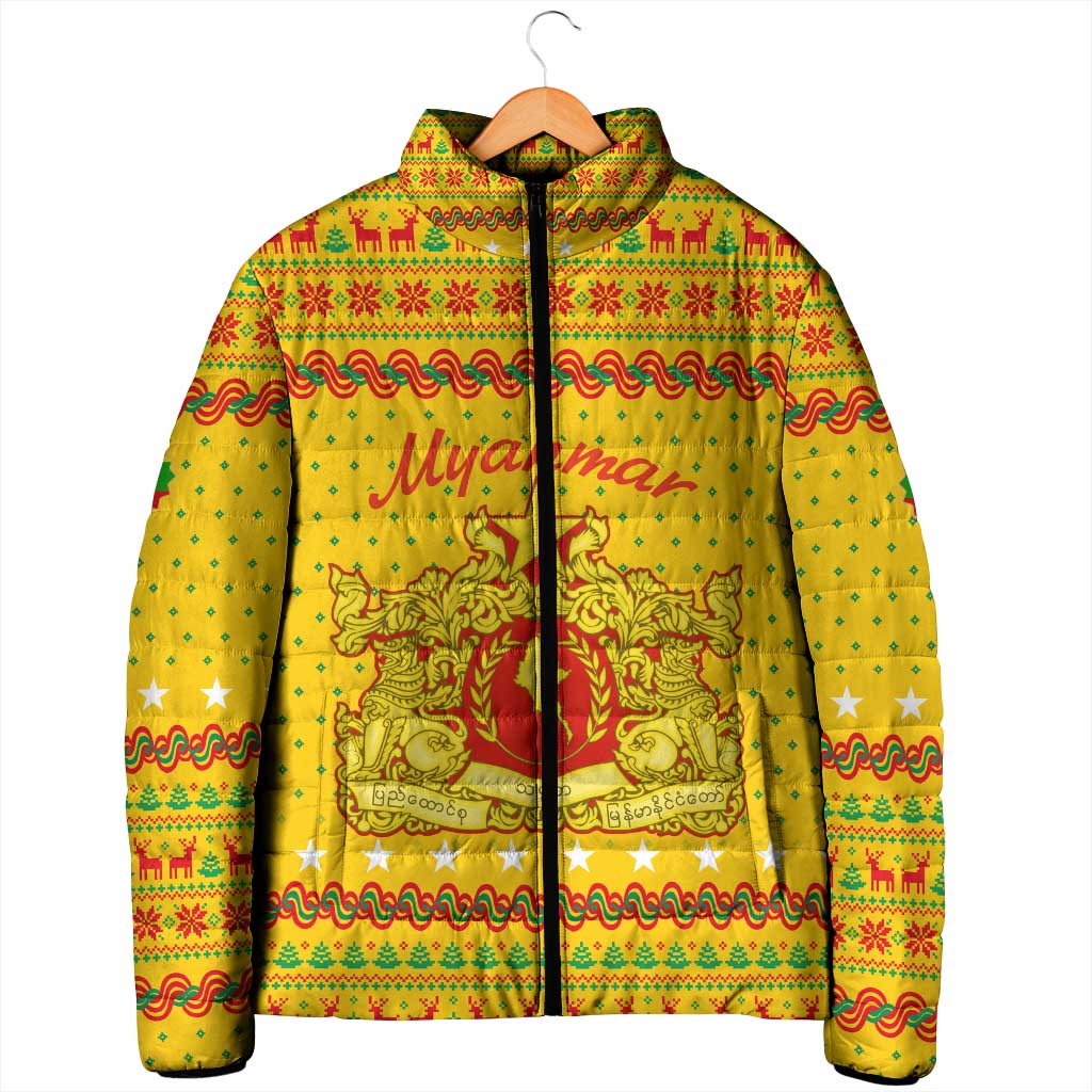 Myanmar Christmas Padded Jacket with Yellow-Red-Green Theme, National Emblem, and Star Motif - Wonder Print Shop