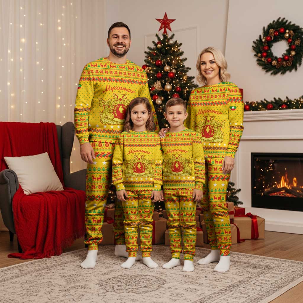 Myanmar Christmas Pajama Set with Yellow-Red-Green Theme, National Emblem, and Star Motif - Wonder Print Shop