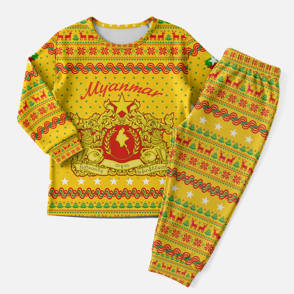 Myanmar Christmas Pajama Set with Yellow-Red-Green Theme, National Emblem, and Star Motif - Wonder Print Shop