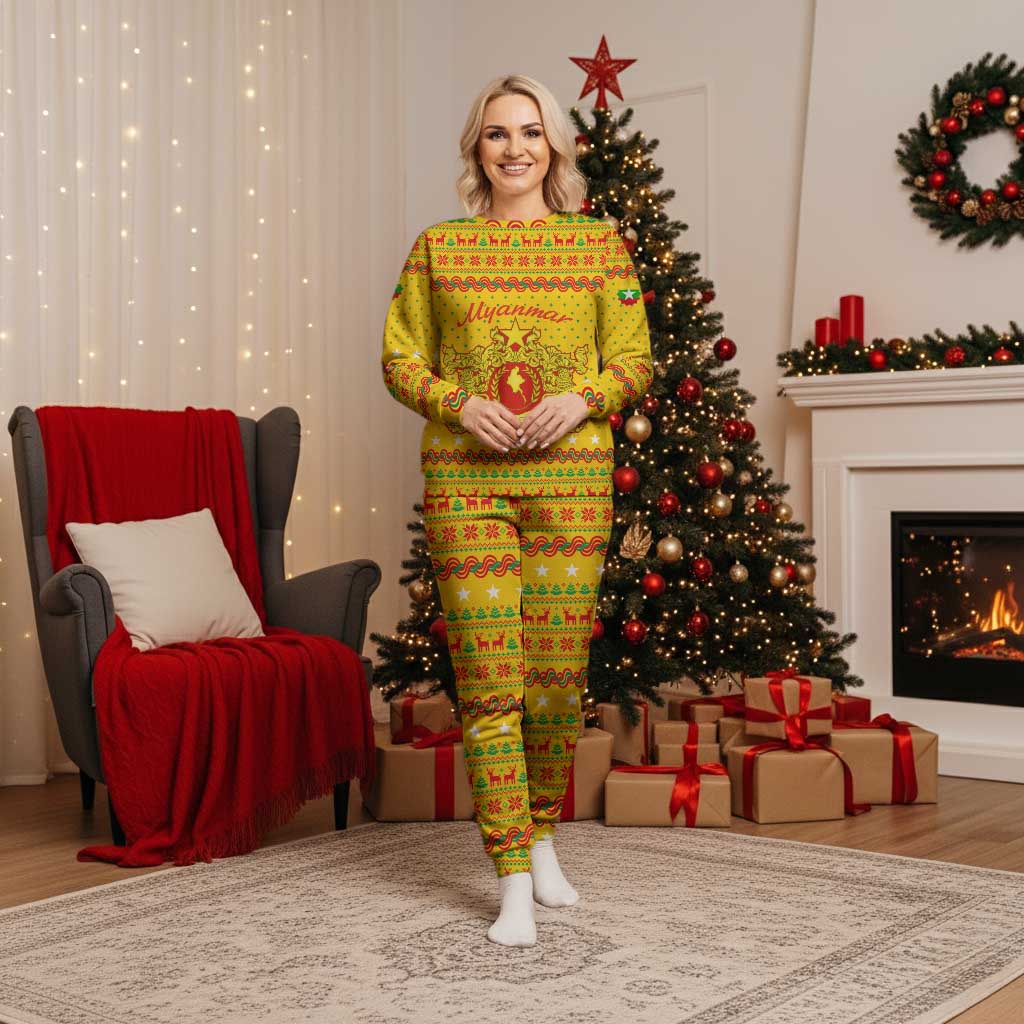 Myanmar Christmas Pajama Set with Yellow-Red-Green Theme, National Emblem, and Star Motif - Wonder Print Shop