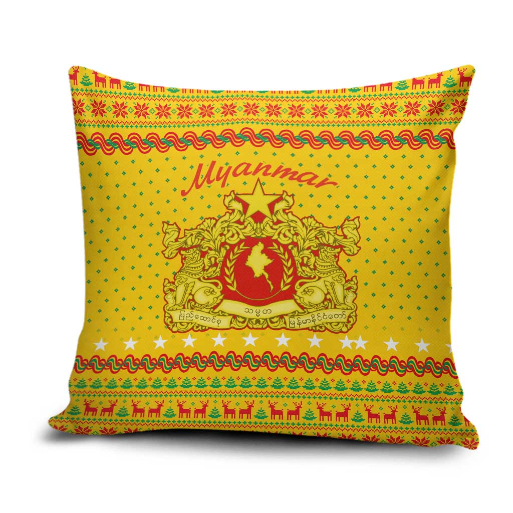 Myanmar Christmas Pillow Cover with Yellow-Red-Green Theme, National Emblem, and Star Motif - Wonder Print Shop
