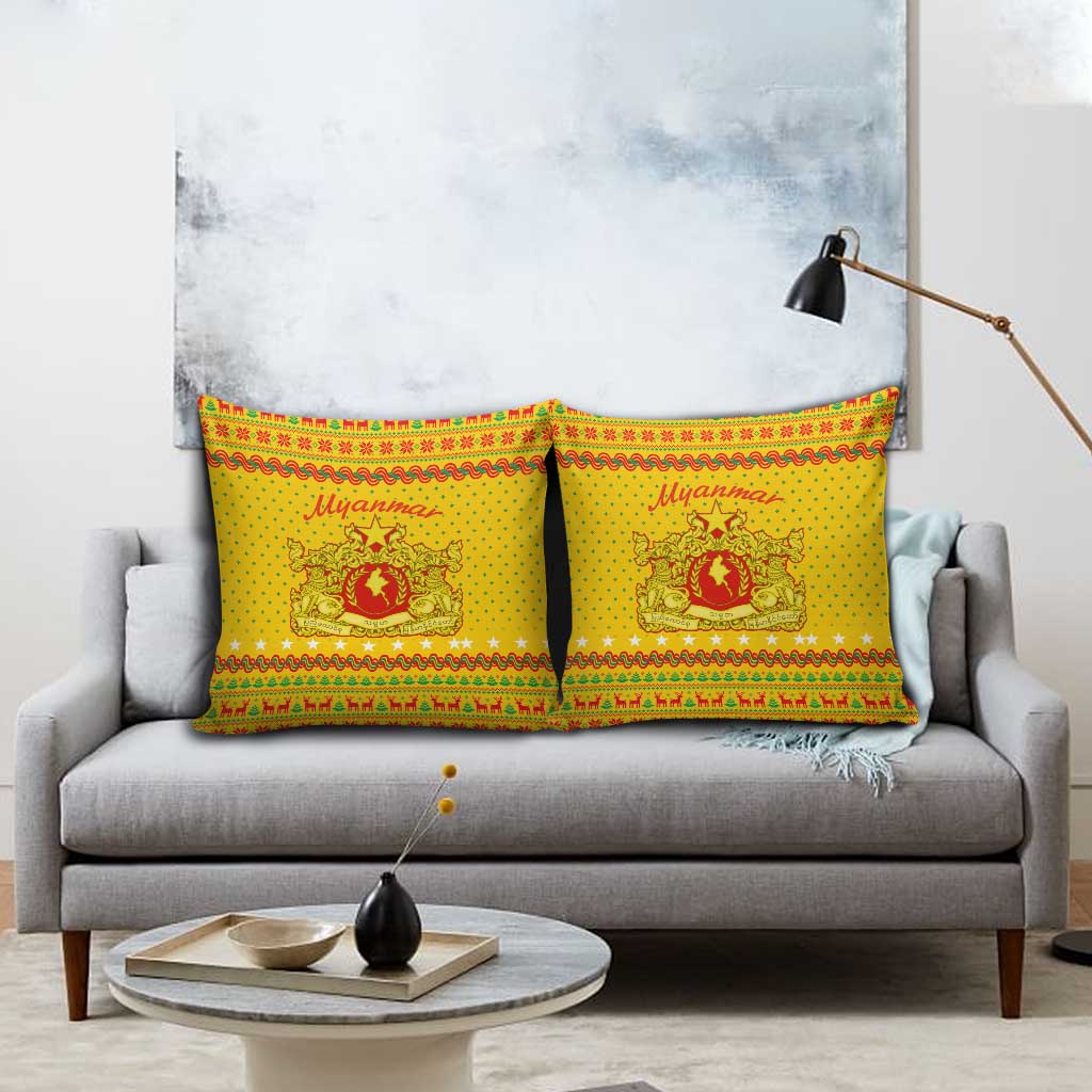 Myanmar Christmas Pillow Cover with Yellow-Red-Green Theme, National Emblem, and Star Motif - Wonder Print Shop