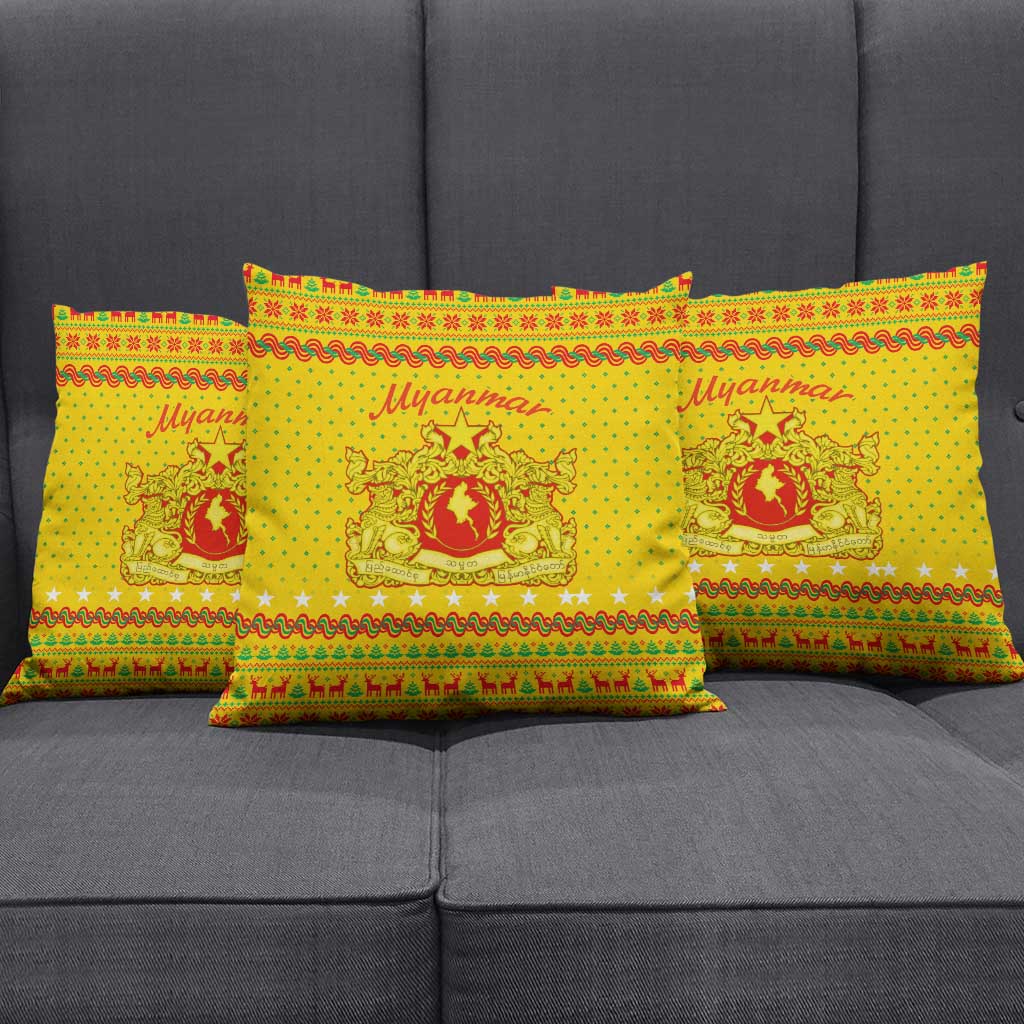 Myanmar Christmas Pillow Cover with Yellow-Red-Green Theme, National Emblem, and Star Motif - Wonder Print Shop