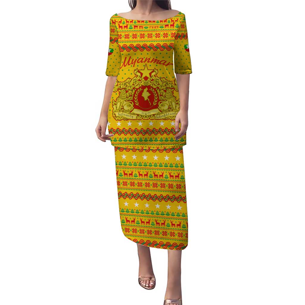 Myanmar Christmas Puletasi with Yellow-Red-Green Theme, National Emblem, and Star Motif - Wonder Print Shop