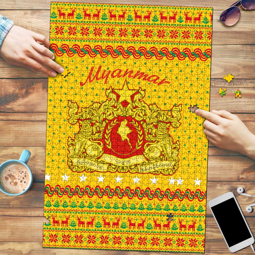 Myanmar Christmas Puzzle with Yellow-Red-Green Theme, National Emblem, and Star Motif - Wonder Print Shop