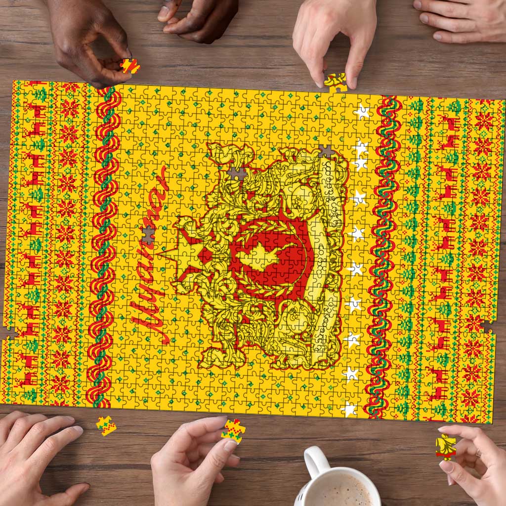 Myanmar Christmas Puzzle with Yellow-Red-Green Theme, National Emblem, and Star Motif - Wonder Print Shop