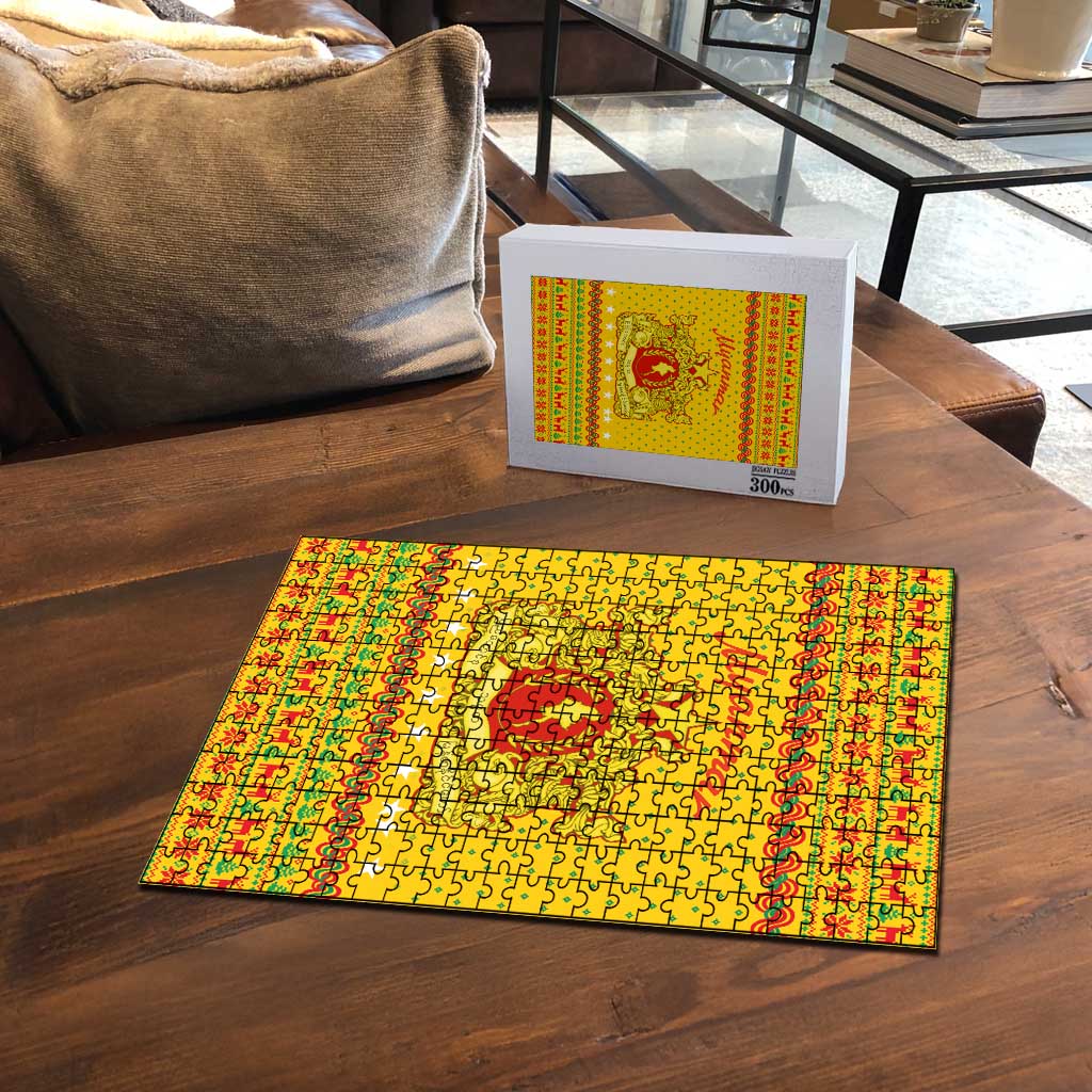 Myanmar Christmas Puzzle with Yellow-Red-Green Theme, National Emblem, and Star Motif - Wonder Print Shop