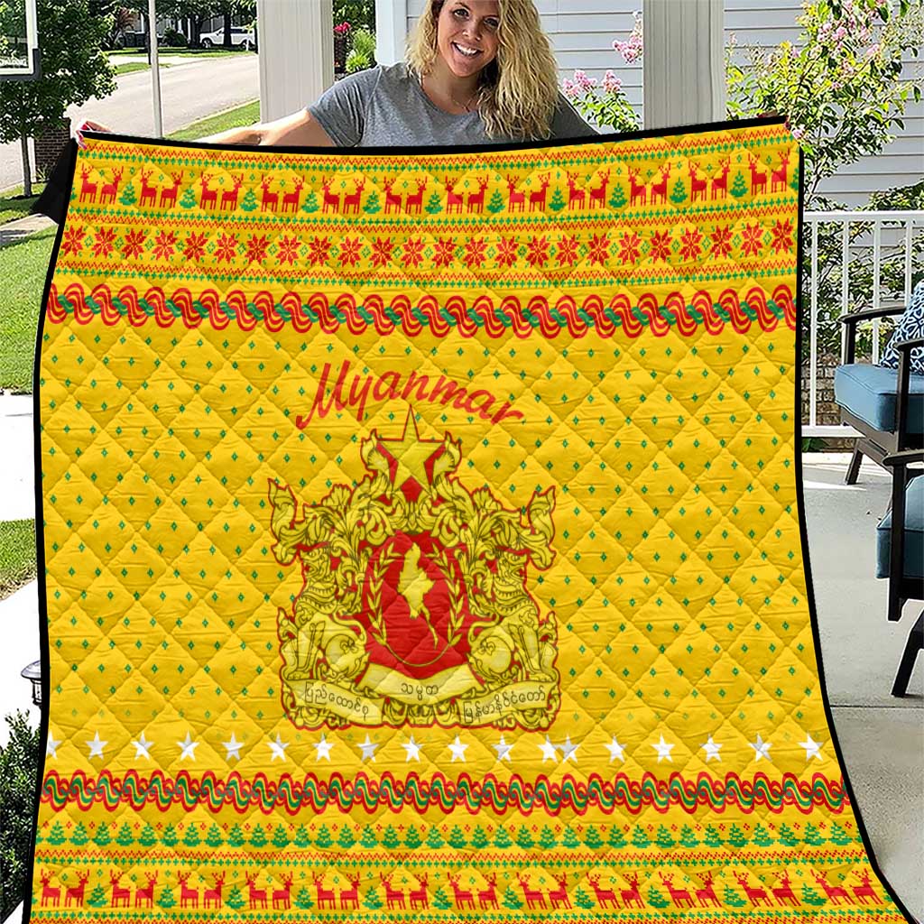 Myanmar Christmas Quilt with Yellow-Red-Green Theme, National Emblem, and Star Motif - Wonder Print Shop