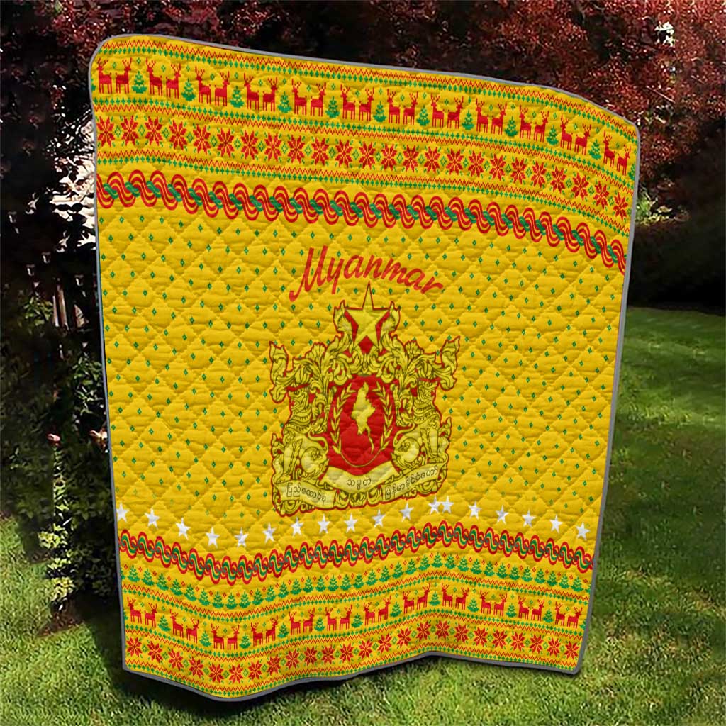 Myanmar Christmas Quilt with Yellow-Red-Green Theme, National Emblem, and Star Motif - Wonder Print Shop