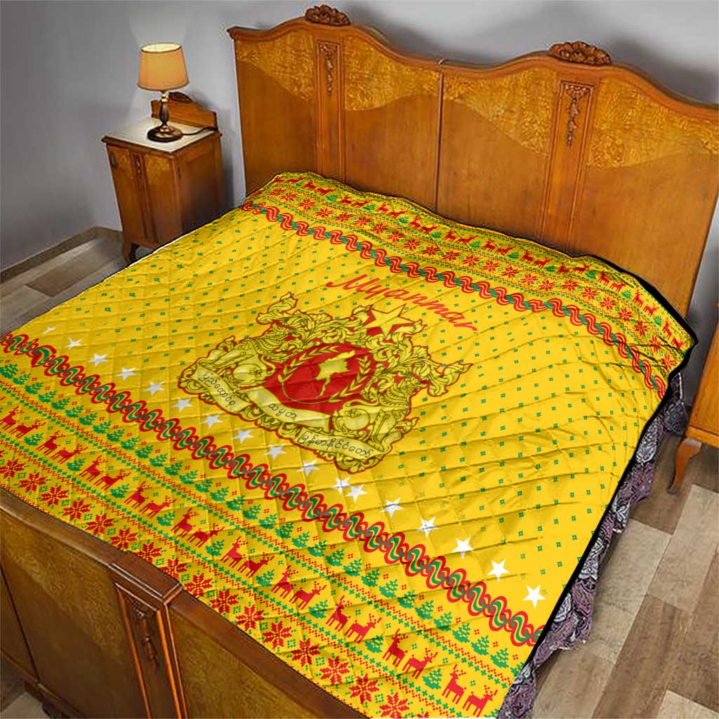 Myanmar Christmas Quilt with Yellow-Red-Green Theme, National Emblem, and Star Motif - Wonder Print Shop