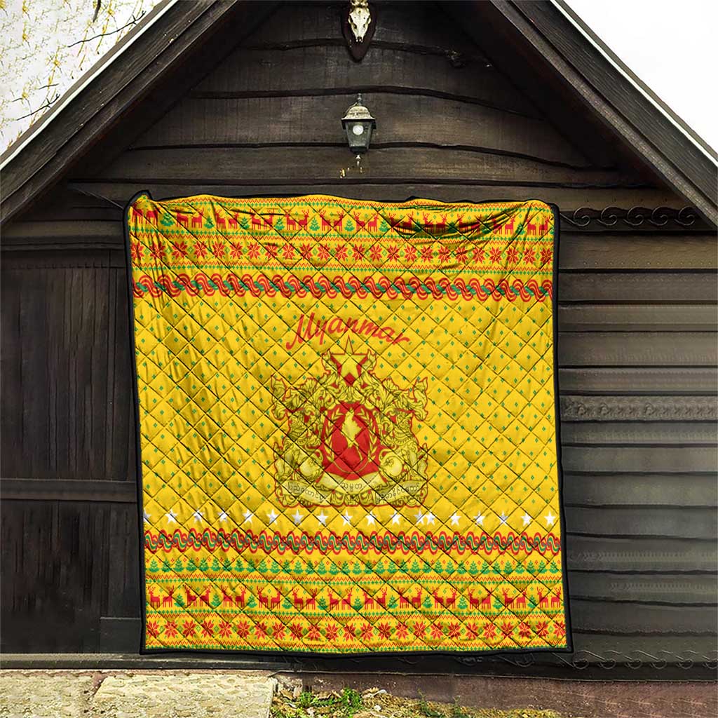 Myanmar Christmas Quilt with Yellow-Red-Green Theme, National Emblem, and Star Motif - Wonder Print Shop