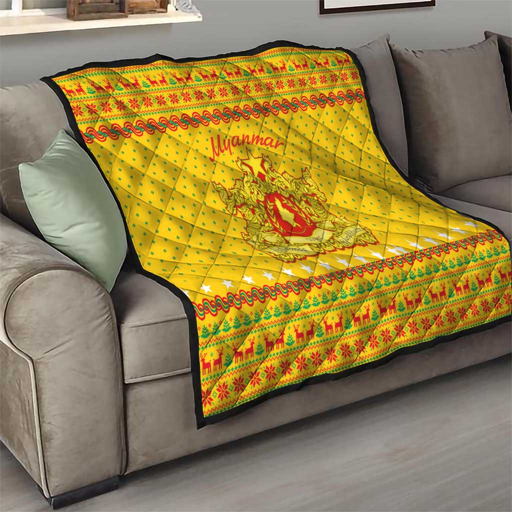 Myanmar Christmas Quilt with Yellow-Red-Green Theme, National Emblem, and Star Motif - Wonder Print Shop
